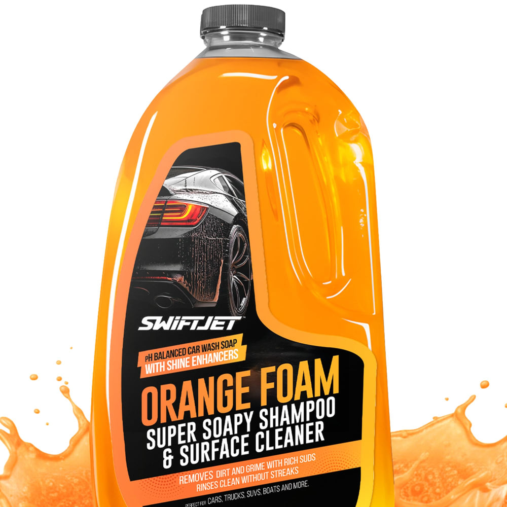 SwiftJet orange foam car wash soap bottle with thick foam for dirt lifting