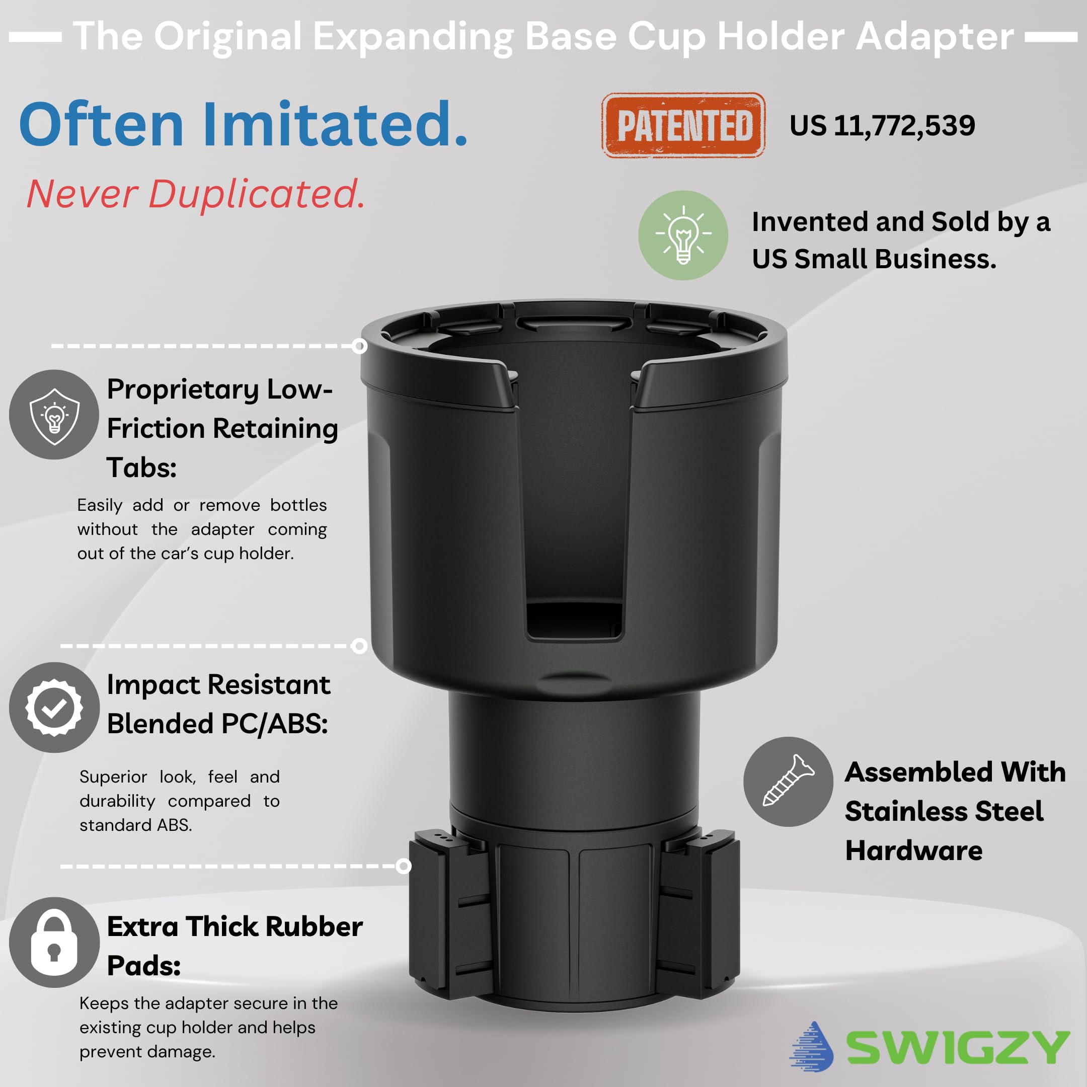 Swigzy car cup holder expander with long base for extended reach in bigger vehicles.