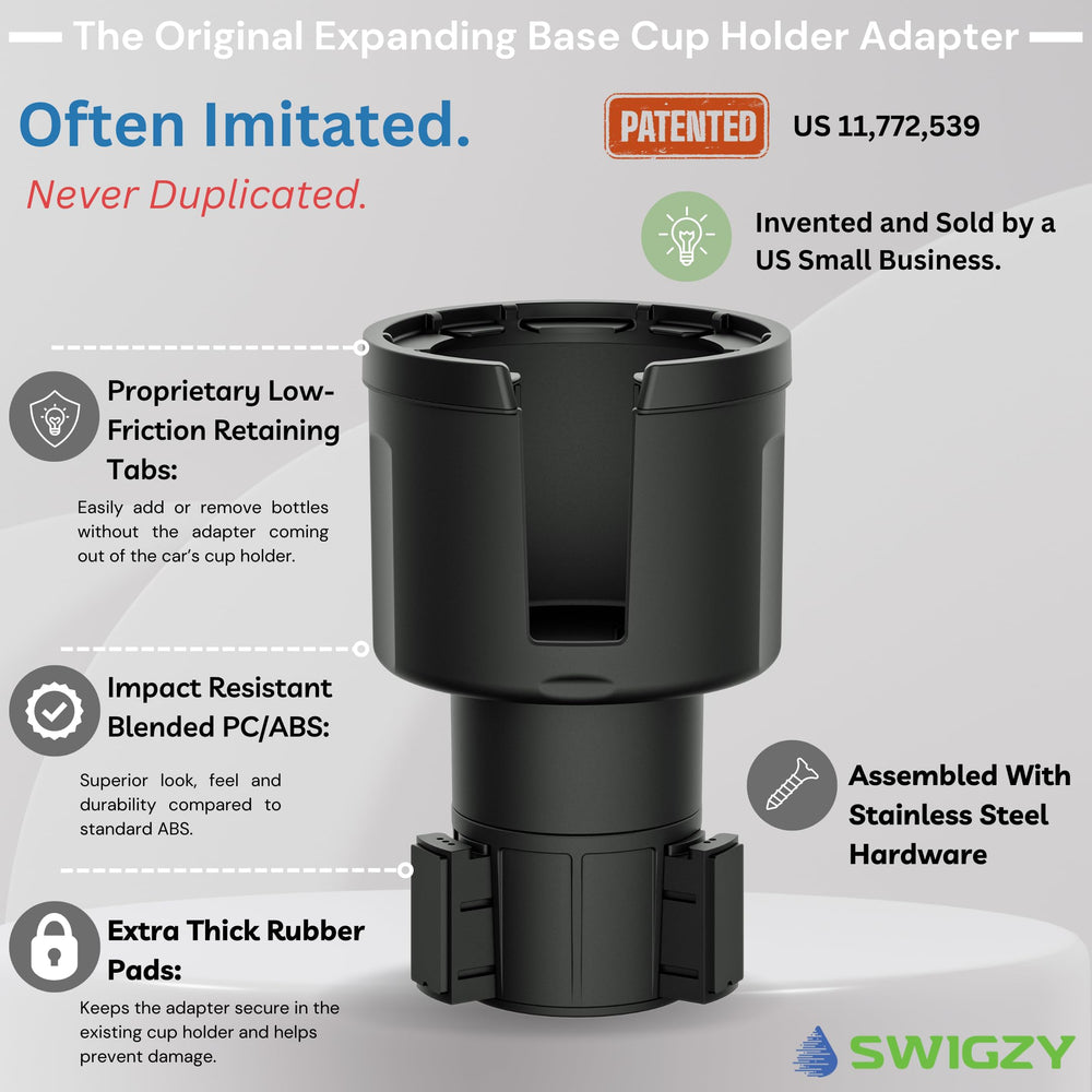 Swigzy car cup holder expander with long base for extended reach in bigger vehicles.