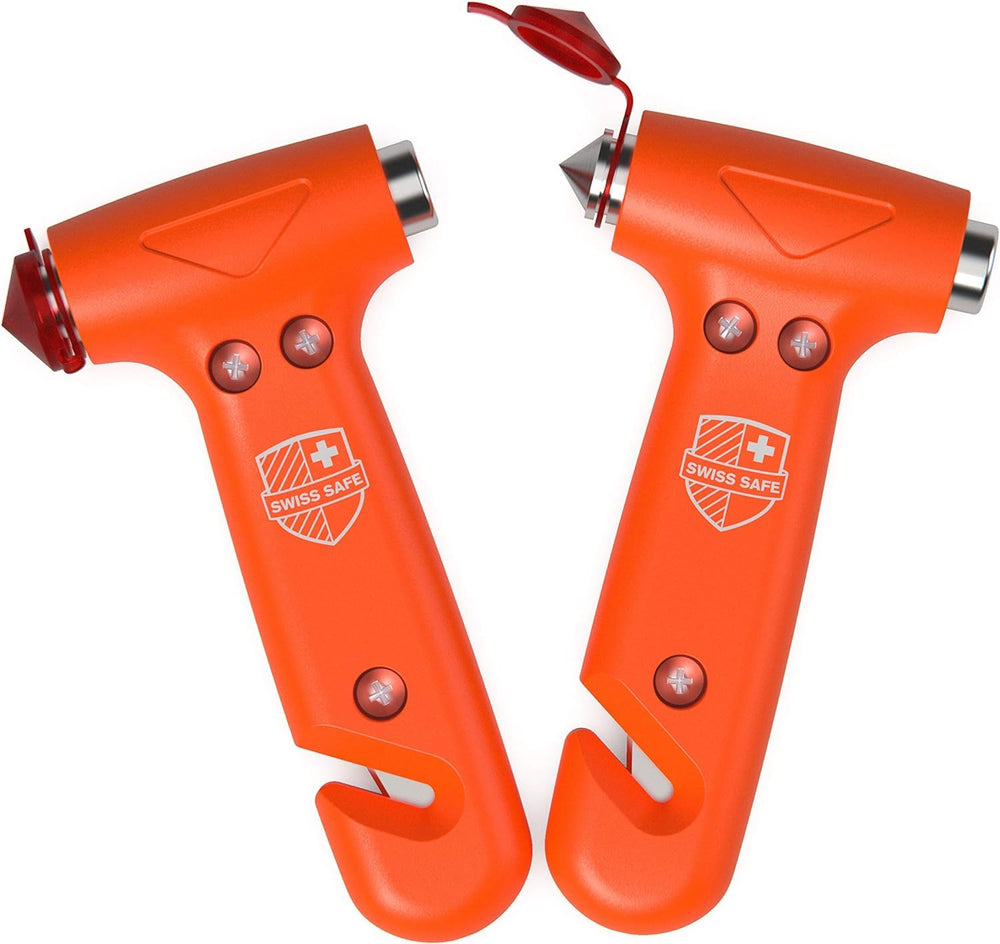 Swiss Safe 5-in-1 car safety hammer in orange, front view for quick access.