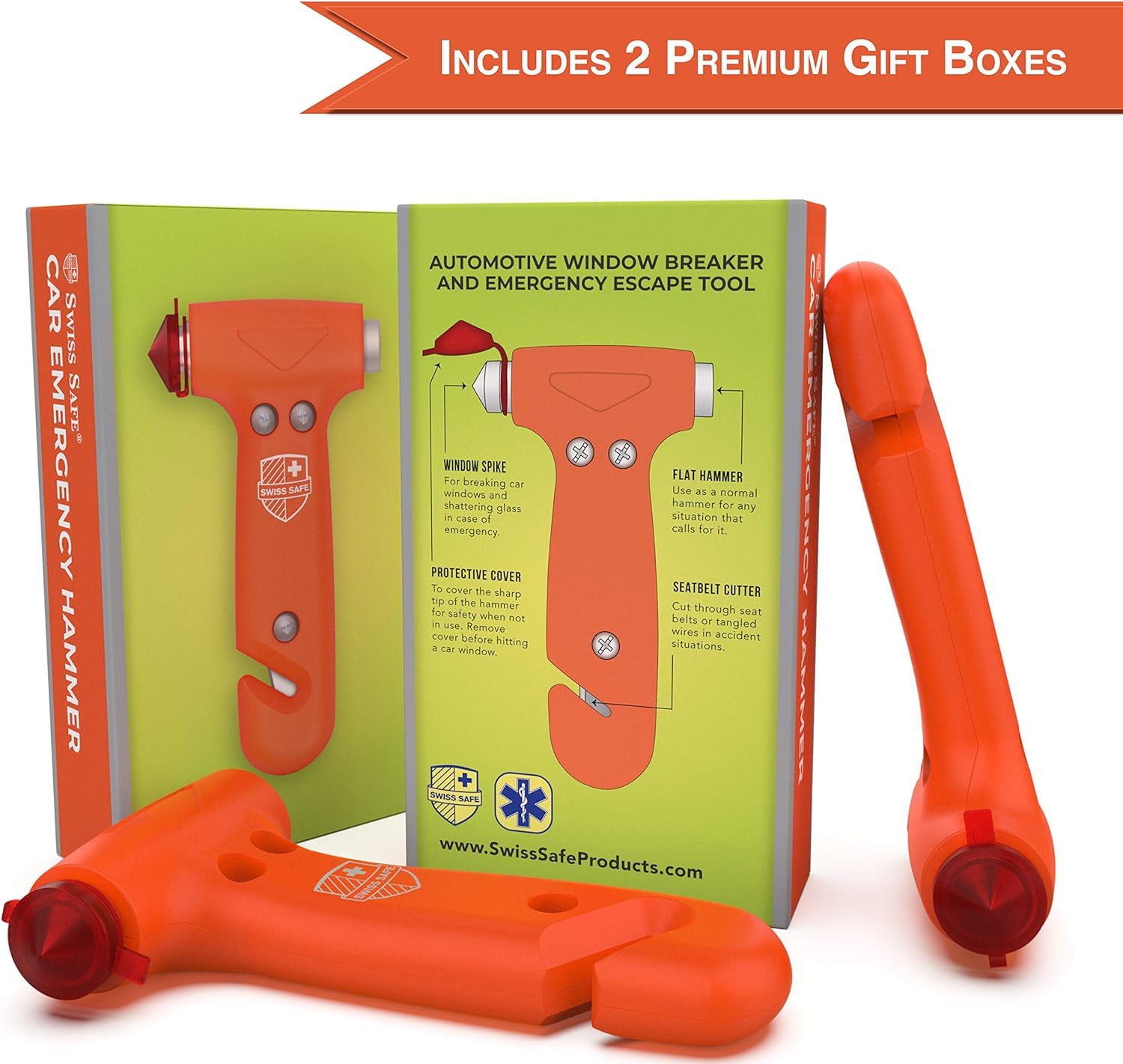 Swiss Safe 5-in-1 car safety hammer seatbelt cutter in action.