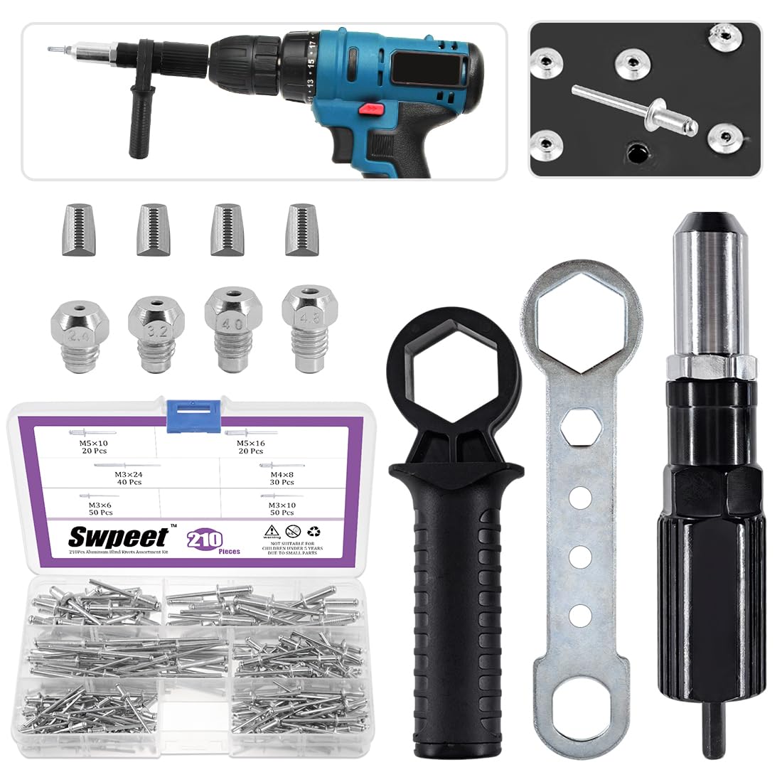 Swpeet electric rivet gun adapter kit overview for quick, versatile riveting projects.