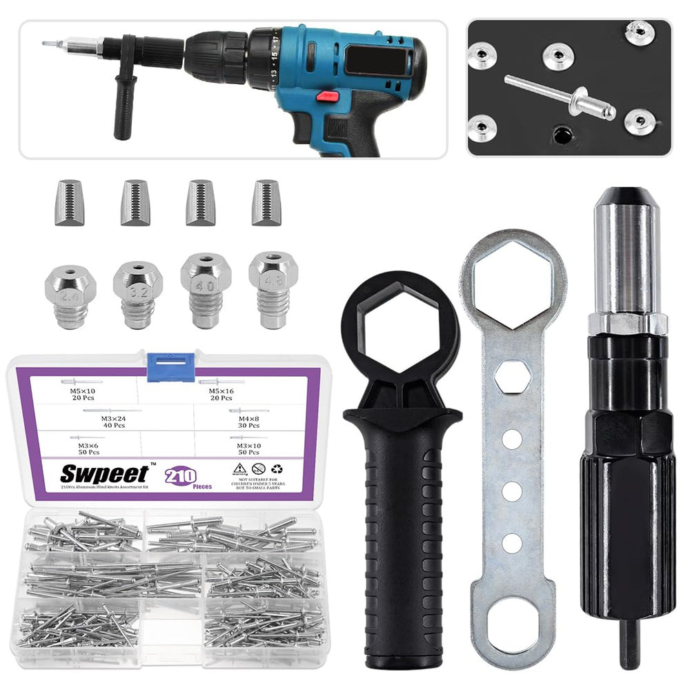 Swpeet electric rivet gun adapter kit overview for quick, versatile riveting projects.