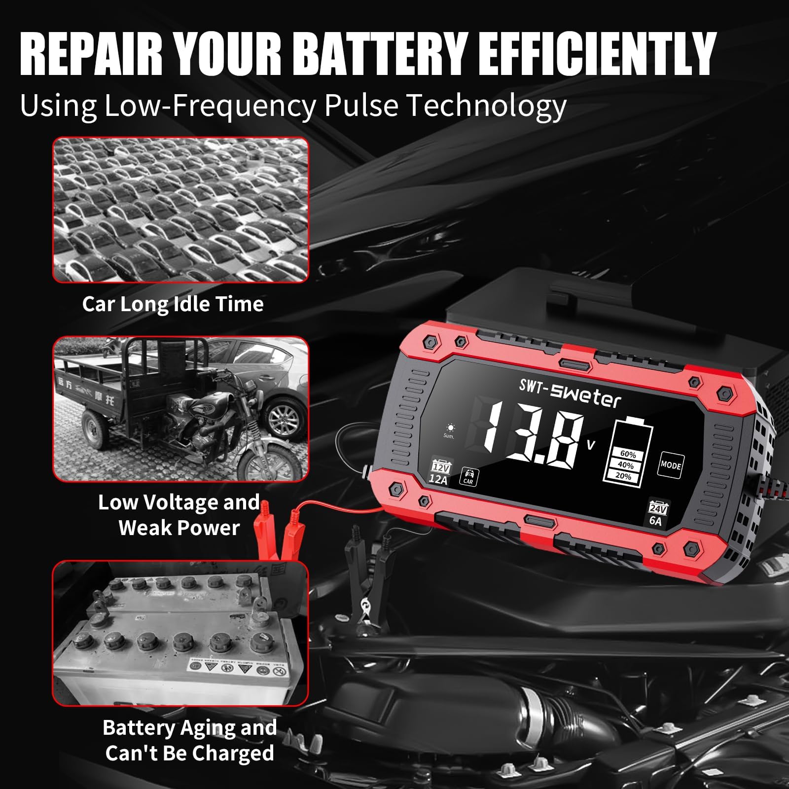 SWTsweter 12A charger auto-detection ensures correct 12V or 24V operation