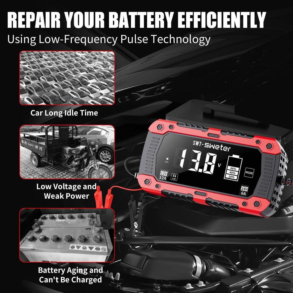 SWTsweter 12A charger auto-detection ensures correct 12V or 24V operation