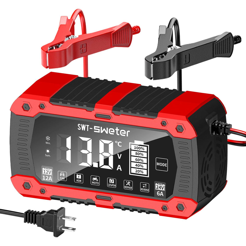 SWTsweter 12A charger front view for fast, reliable battery top-ups