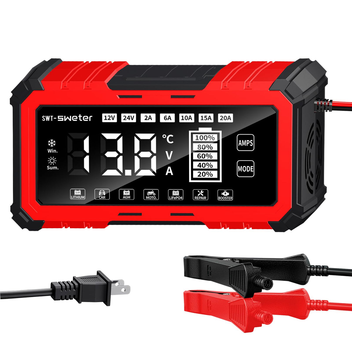 SWTsweter 20A smart charger front view powering 12V systems efficiently