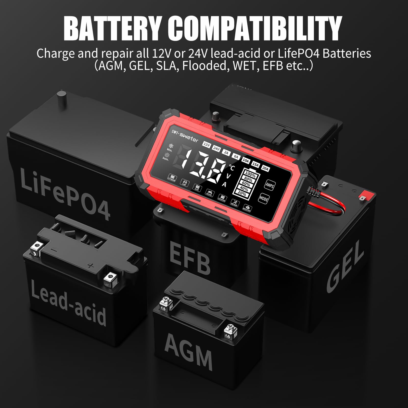 SWTsweter 20A smart charger rear panel with ports and indicators