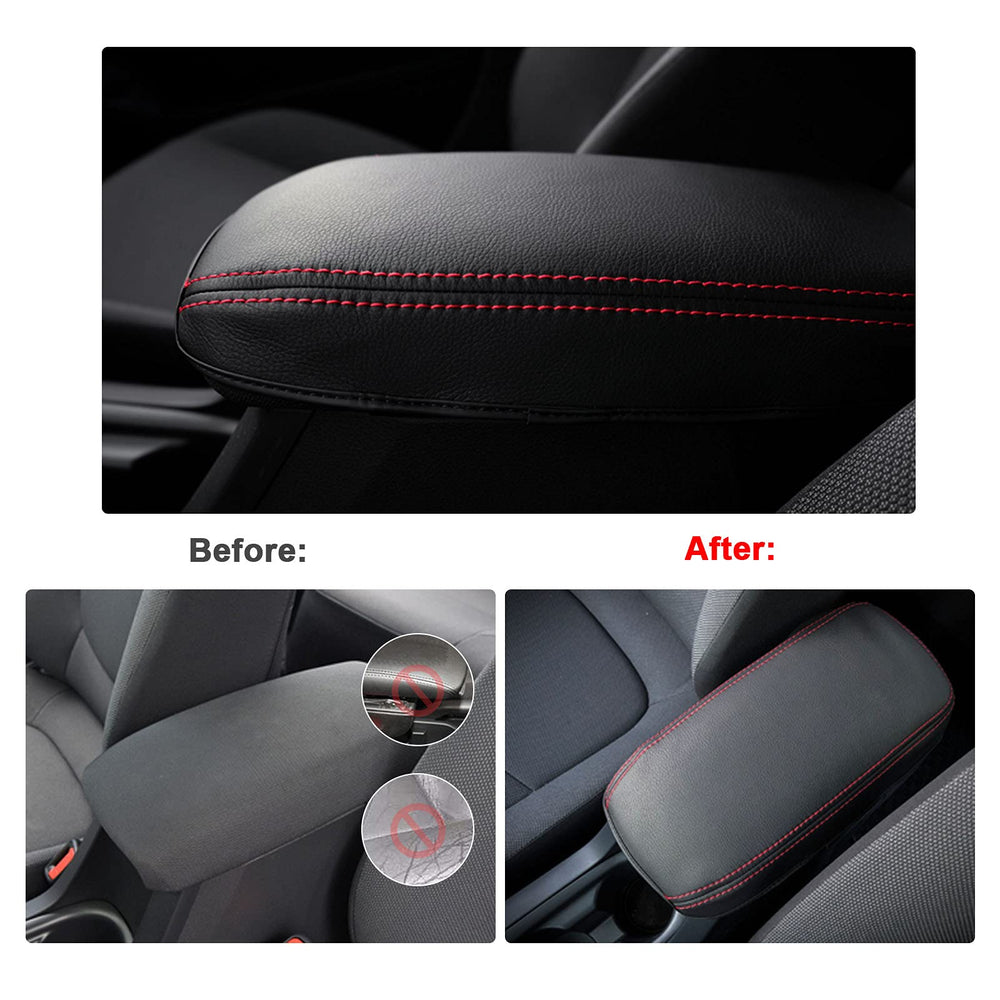 SXCY Corolla armrest cover closeup with red stitching and precise fitment
