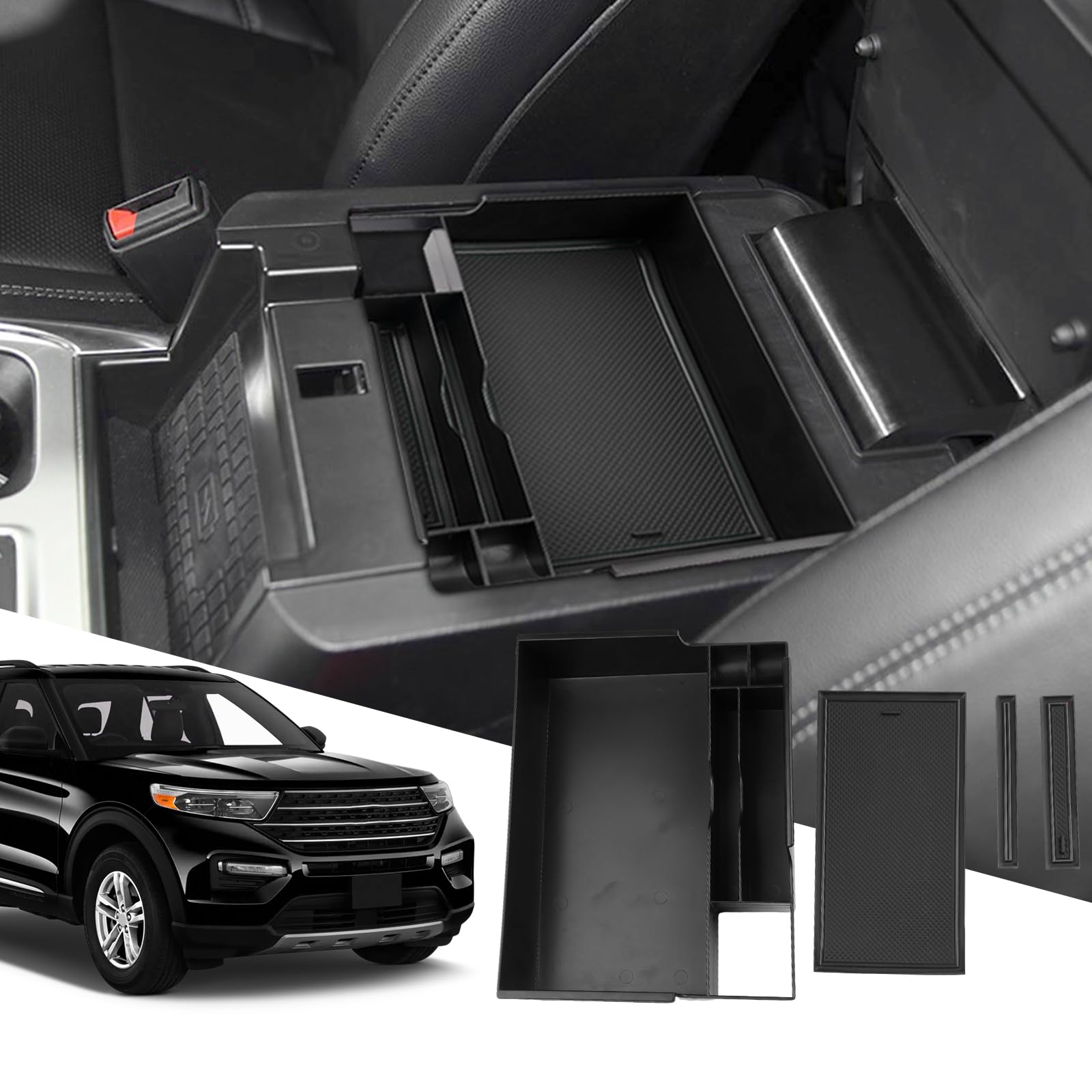 SXCY Explorer center console organizer with bottom compartments for larger items and quick access.
