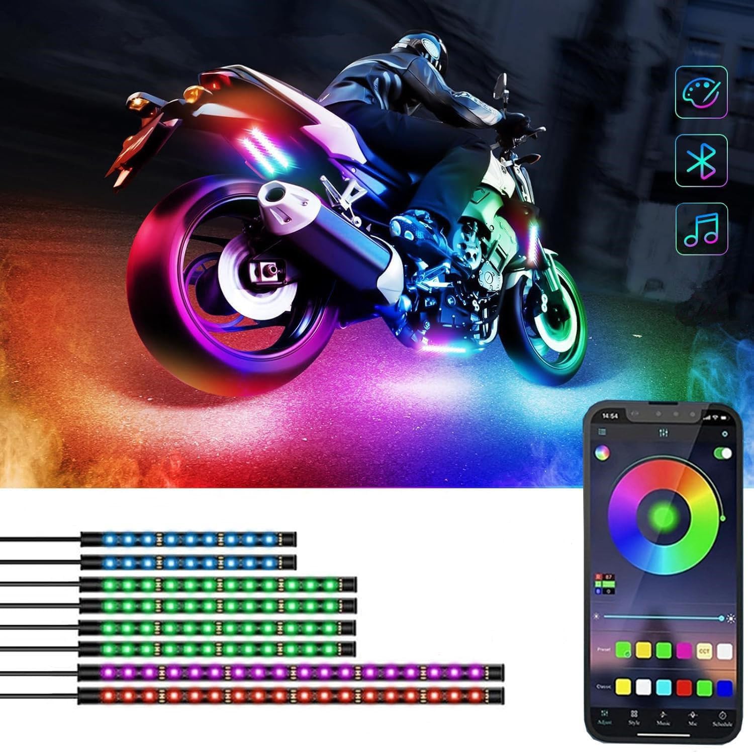 Sxlofty 8-pcs motorcycle LED light kit strips for customizable underglow.