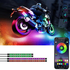 Sxlofty motorcycle LED light kit strip layout shows four flexible strips for customizable underglow