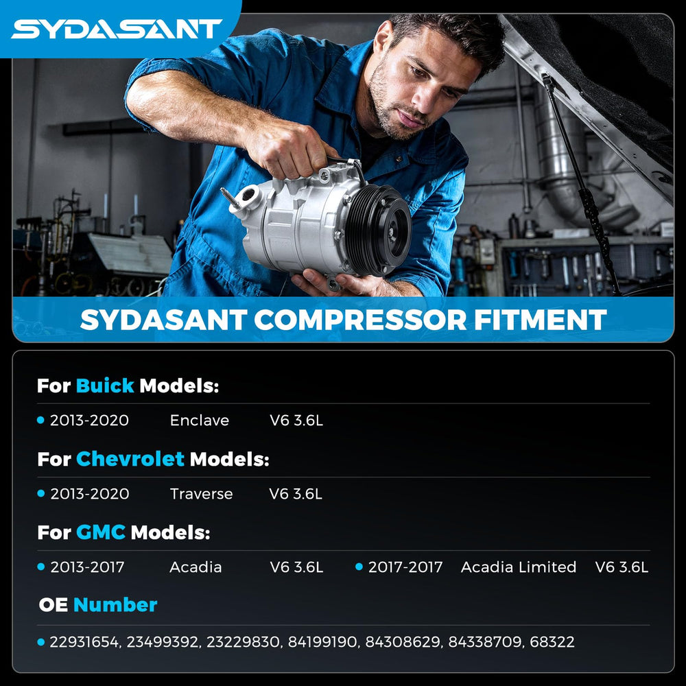 Sydasant AC compressor for GMC Acadia fitment with six-groove pulley ensures steady cooling performance.
