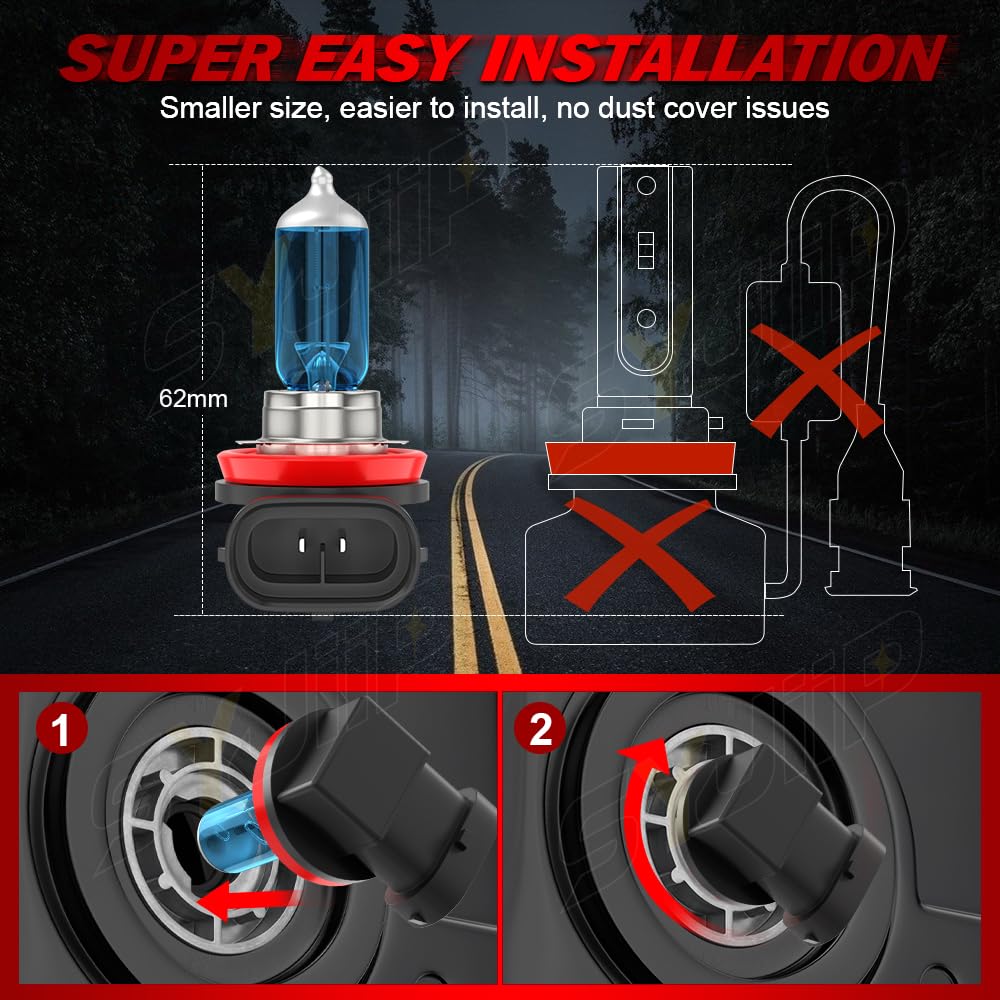 SYJIIP 6000K white glow demonstrates brighter, crisper nighttime visibility.