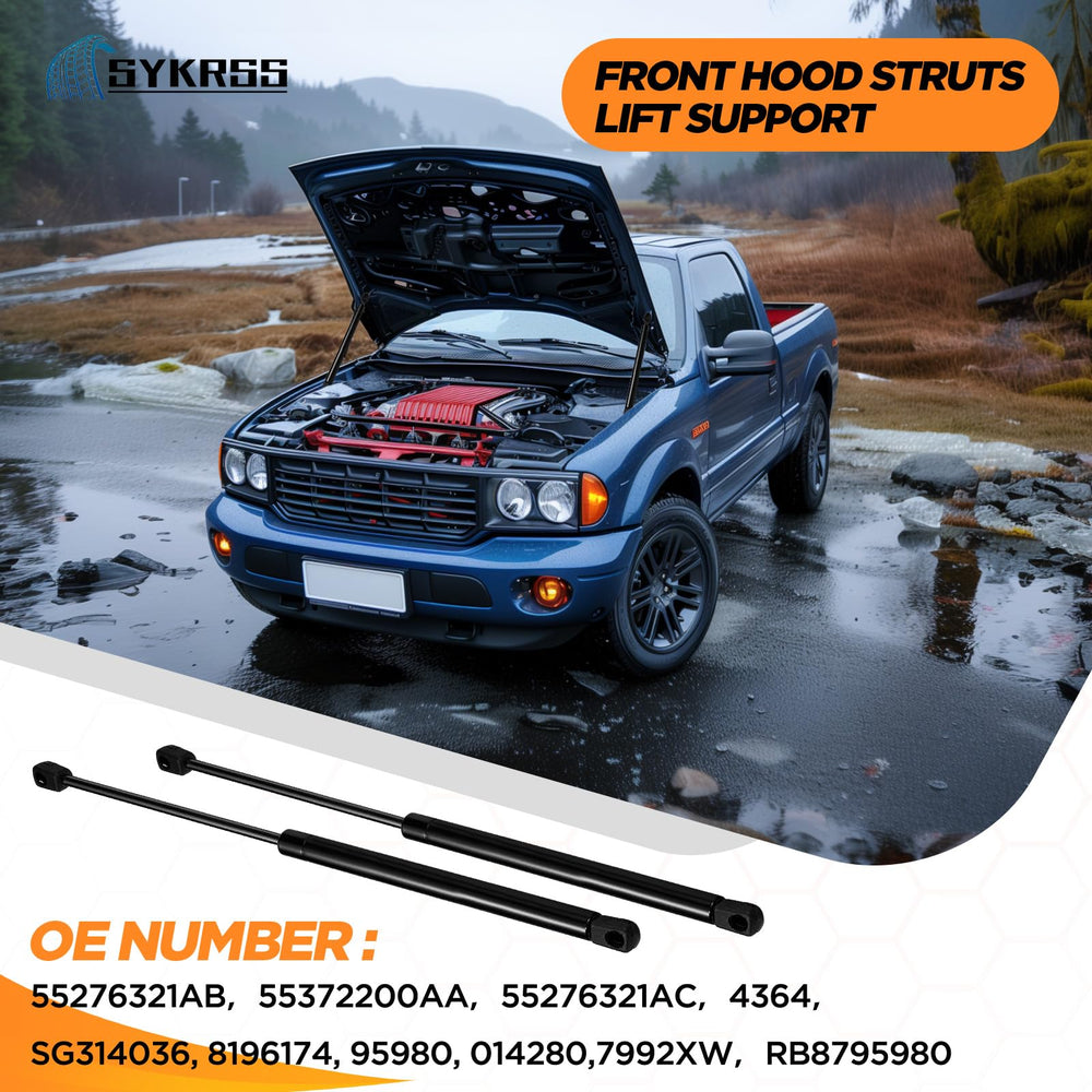 SYKRSS 4364 hood struts installed on Ram 1500—secure, durable front mounting.