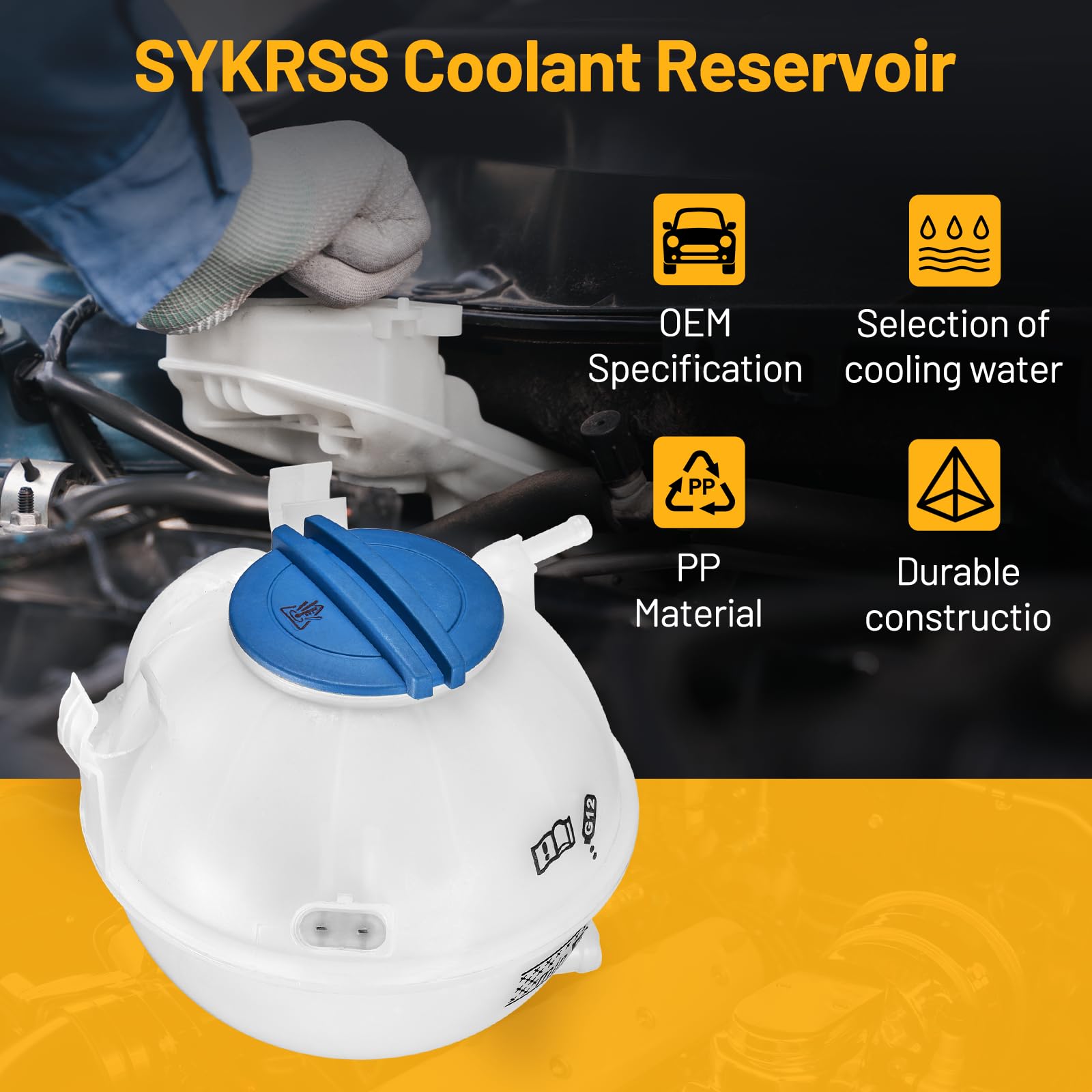 SYKRSS coolant reservoir installed in vehicle for easy level visibility.