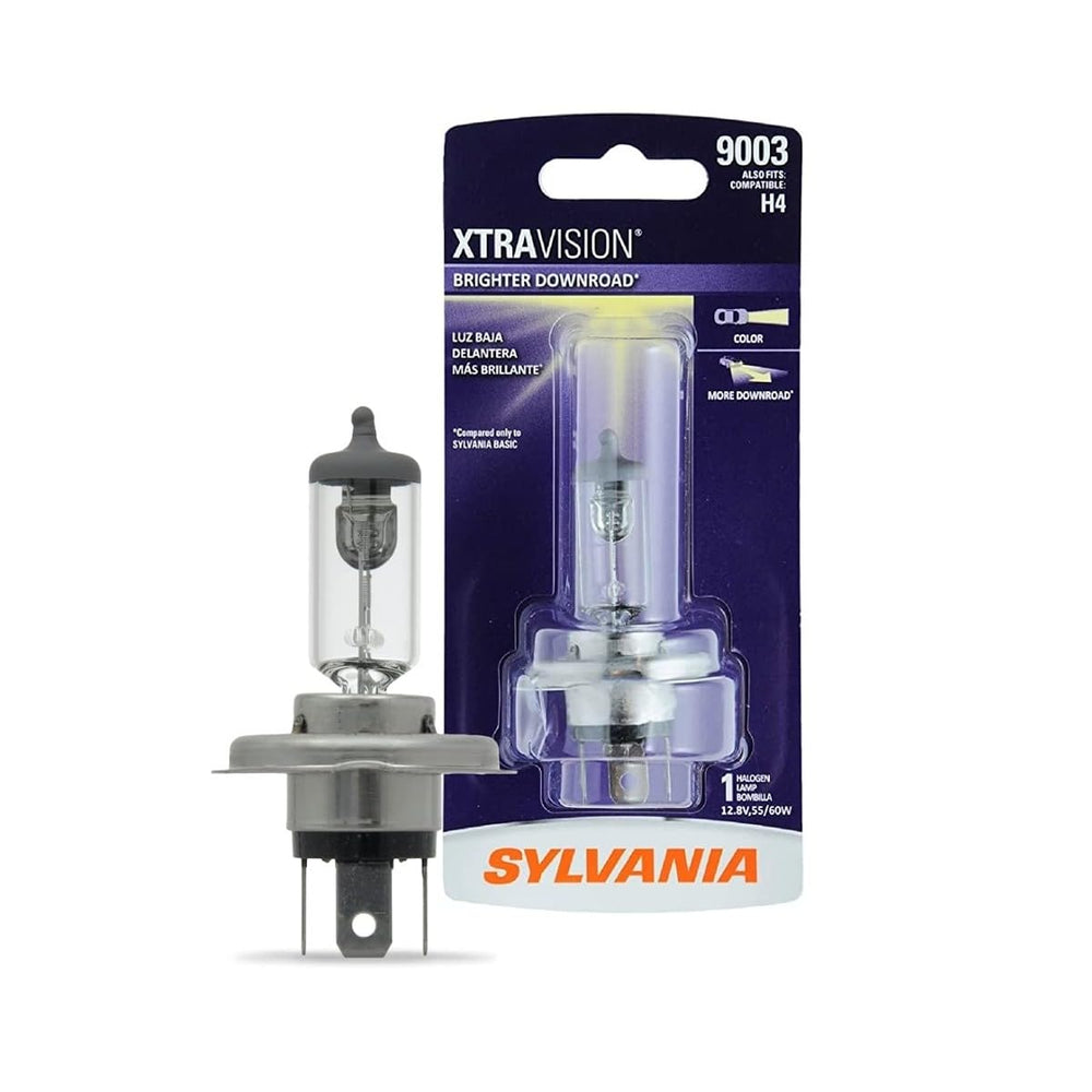Sylvania 9003 XtraVision bulb front view enhances night visibility.