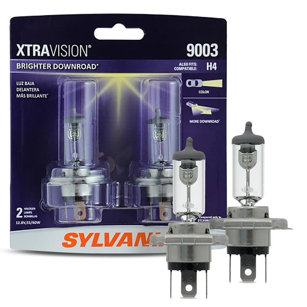 Sylvania 9003 XtraVision bulbs pack viewed from the front for easy replacement planning