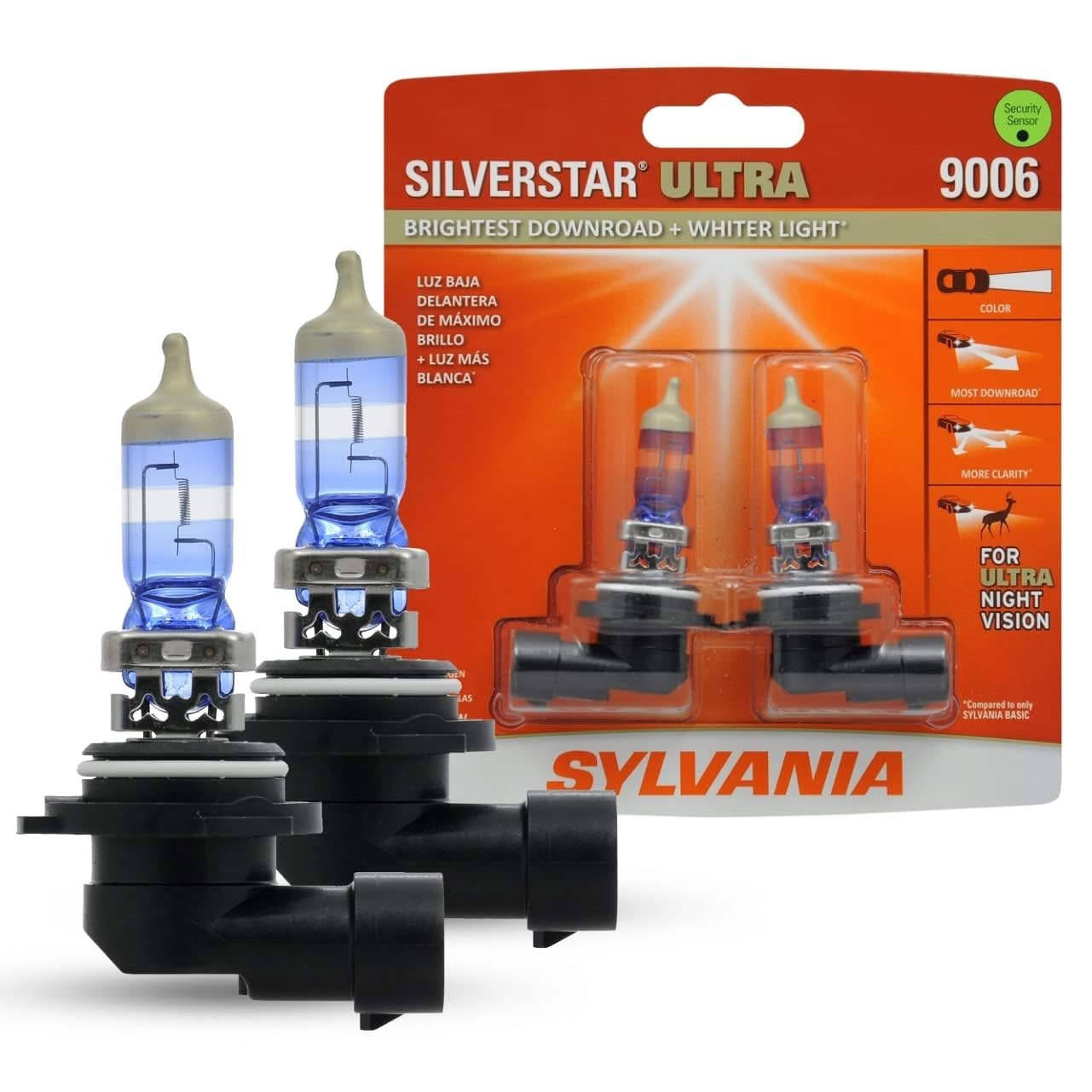 SYLVANIA 9006 SilverStar Ultra pack shot shows two bright bulbs for replacement.