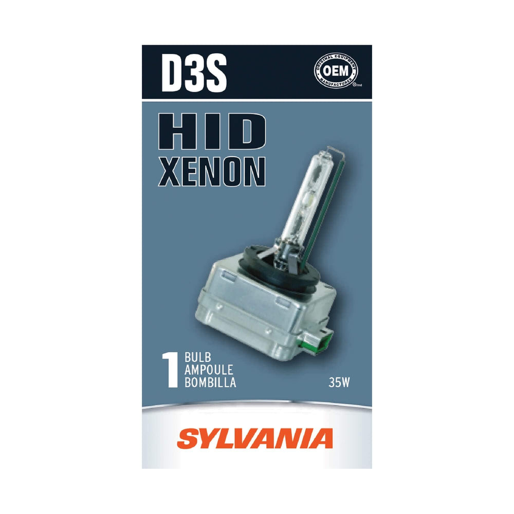 SYLVANIA D3S Basic HID headlight front view showing bright white output for better visibility.