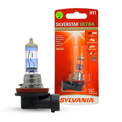 SYLVANIA H11 SilverStar Ultra bulb closeup showing bright white light for clearer road cues