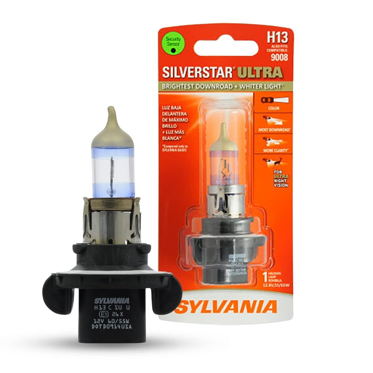 Sylvania H13 SilverStar Ultra front view for brighter road visibility.