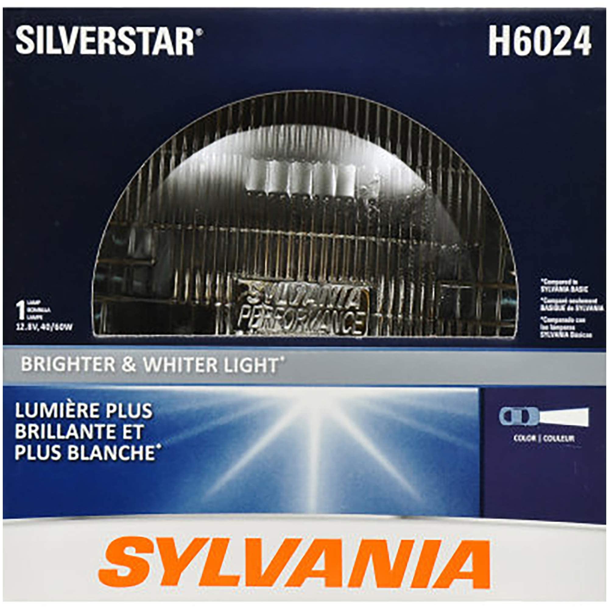 SYLVANIA H6024 SilverStar bulb close-up with bright white light for clearer night visibility.