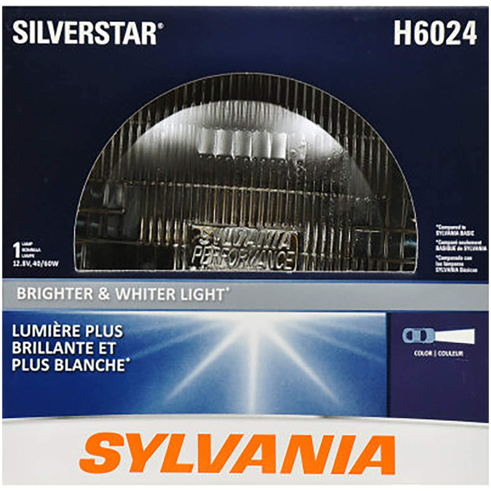 SYLVANIA H6024 SilverStar bulb close-up with bright white light for clearer night visibility.