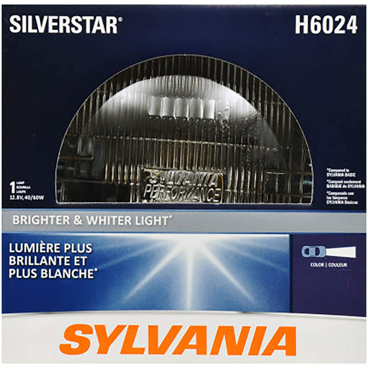 SYLVANIA H6024 SilverStar bulb close-up with bright white light for clearer night visibility.