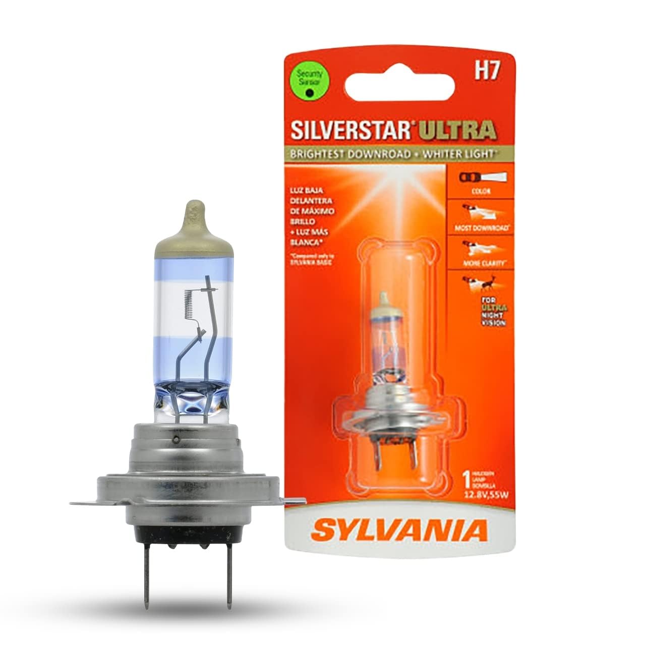 Sylvania H7 SilverStar Ultra close-up showing bright halogen bulb for improved visibility.