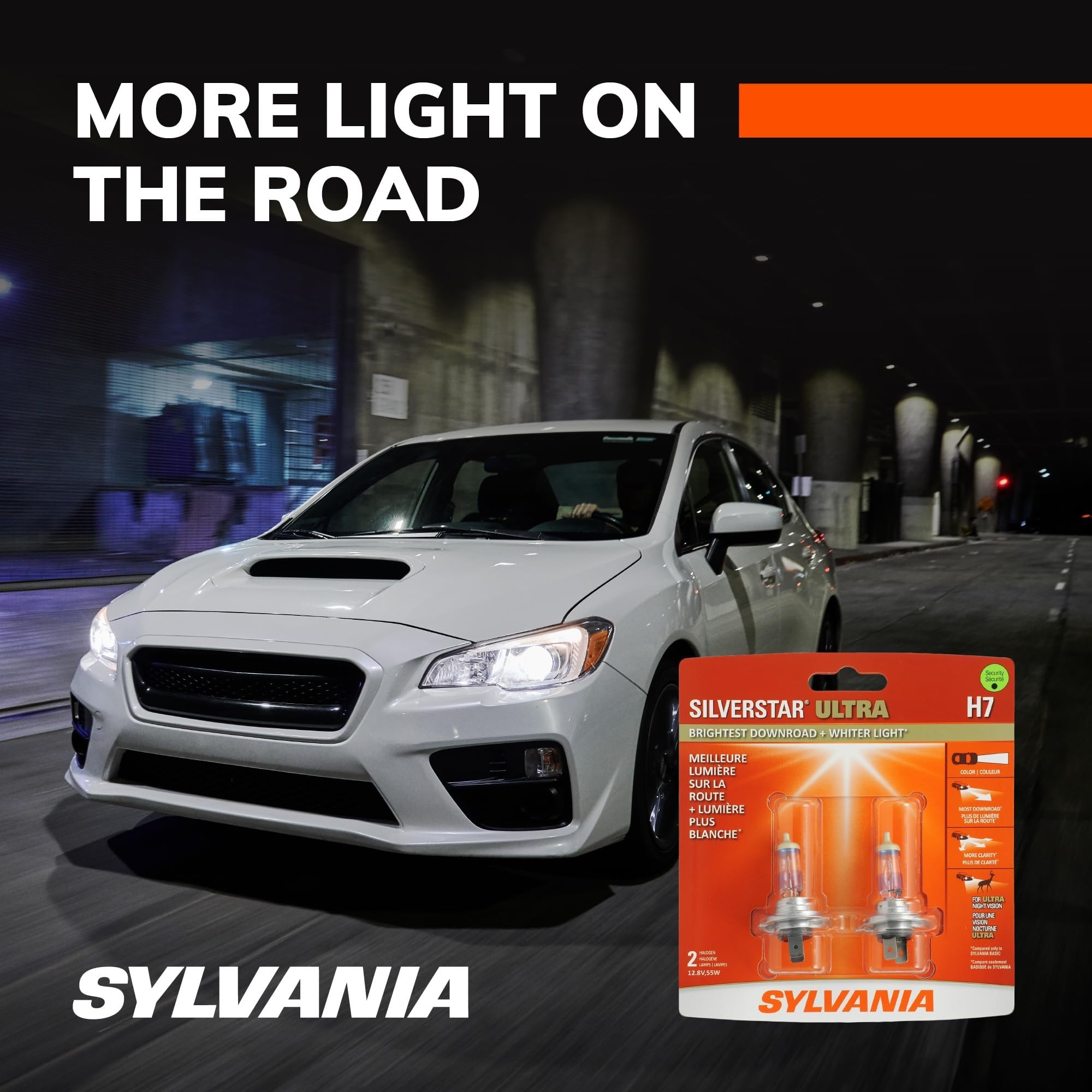 Car headlight test at night using SYLVANIA H7 SilverStar Ultra