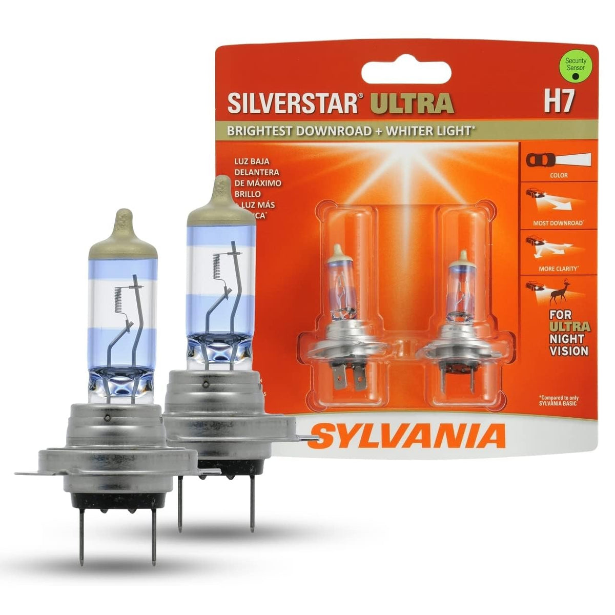 SYLVANIA H7 SilverStar Ultra front view with bright white beam for improved road visibility