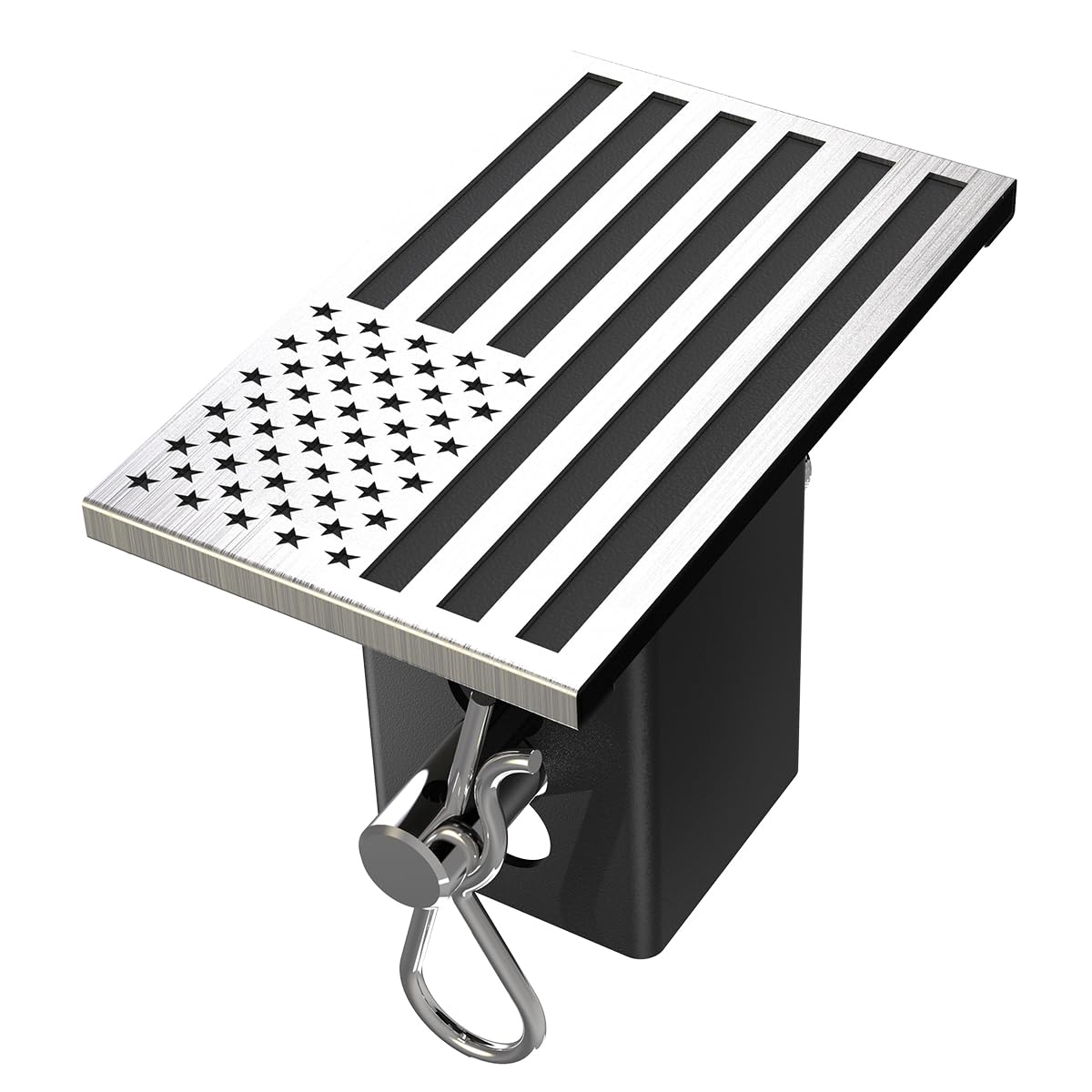 Synrroe flag hitch cover showcases 3D black and silver contrast for bold truck styling.