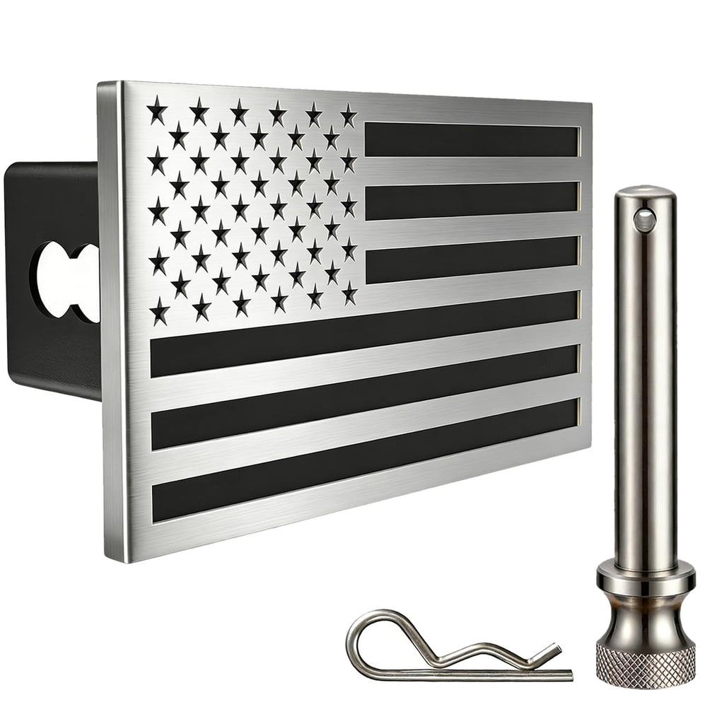 Synrroe flag hitch cover with brushed faceplate for rugged aesthetics and rust resistance.