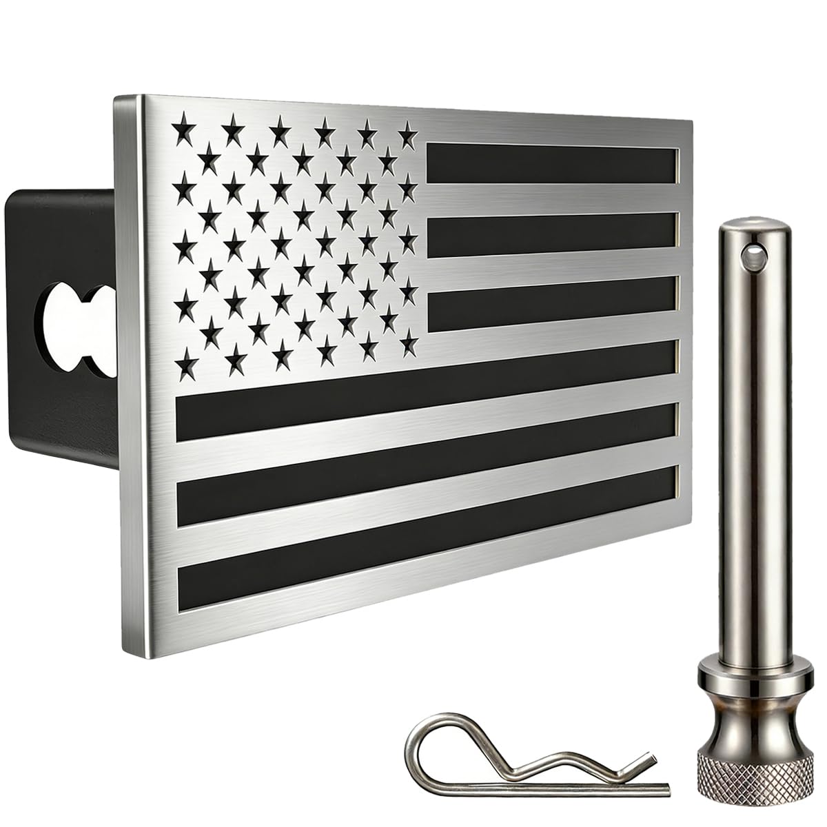 Synrroe flag hitch cover with brushed faceplate for rugged aesthetics and rust resistance.