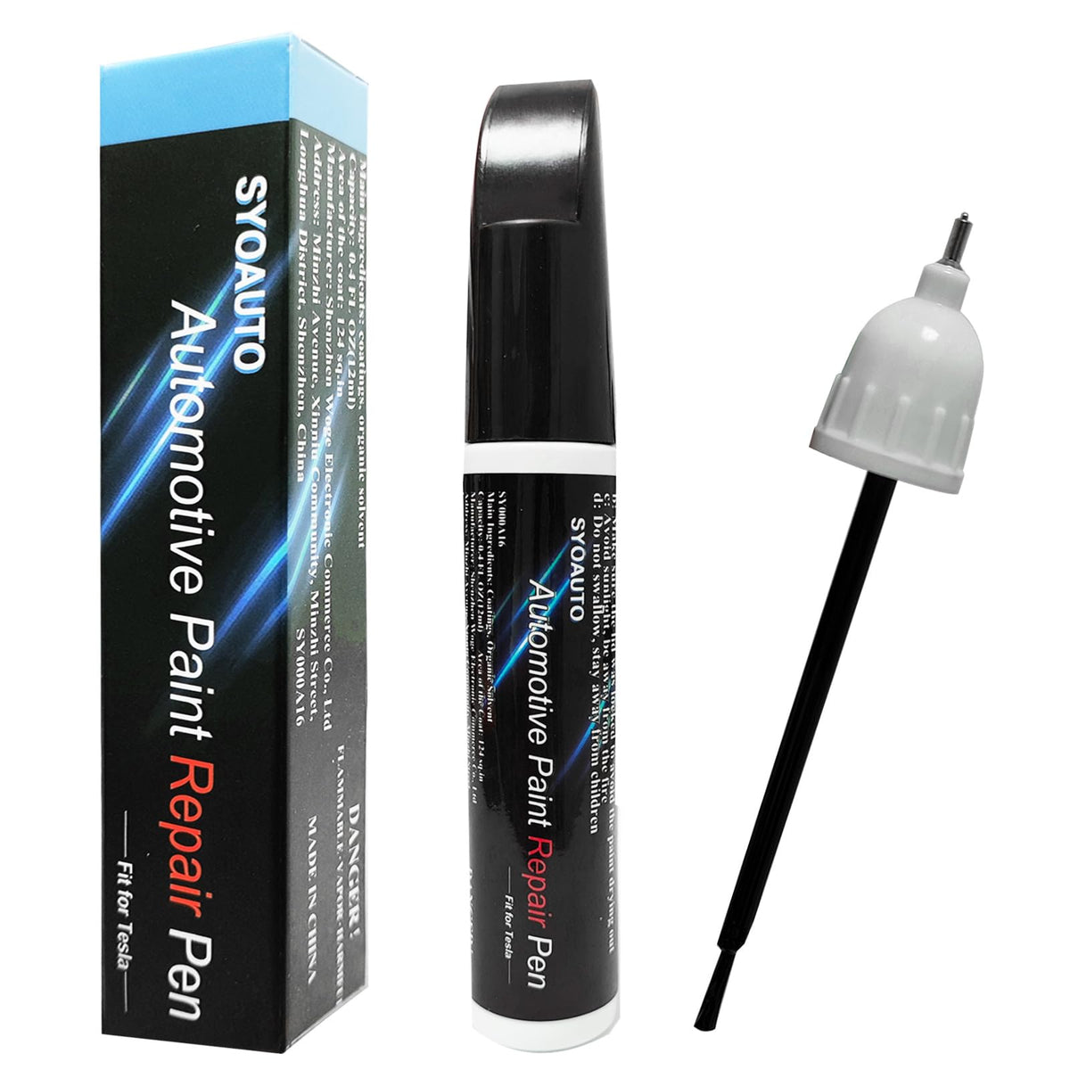 SYOAUTO Diamond Black PX02 paint pen ready for precise touch ups on Tesla.
