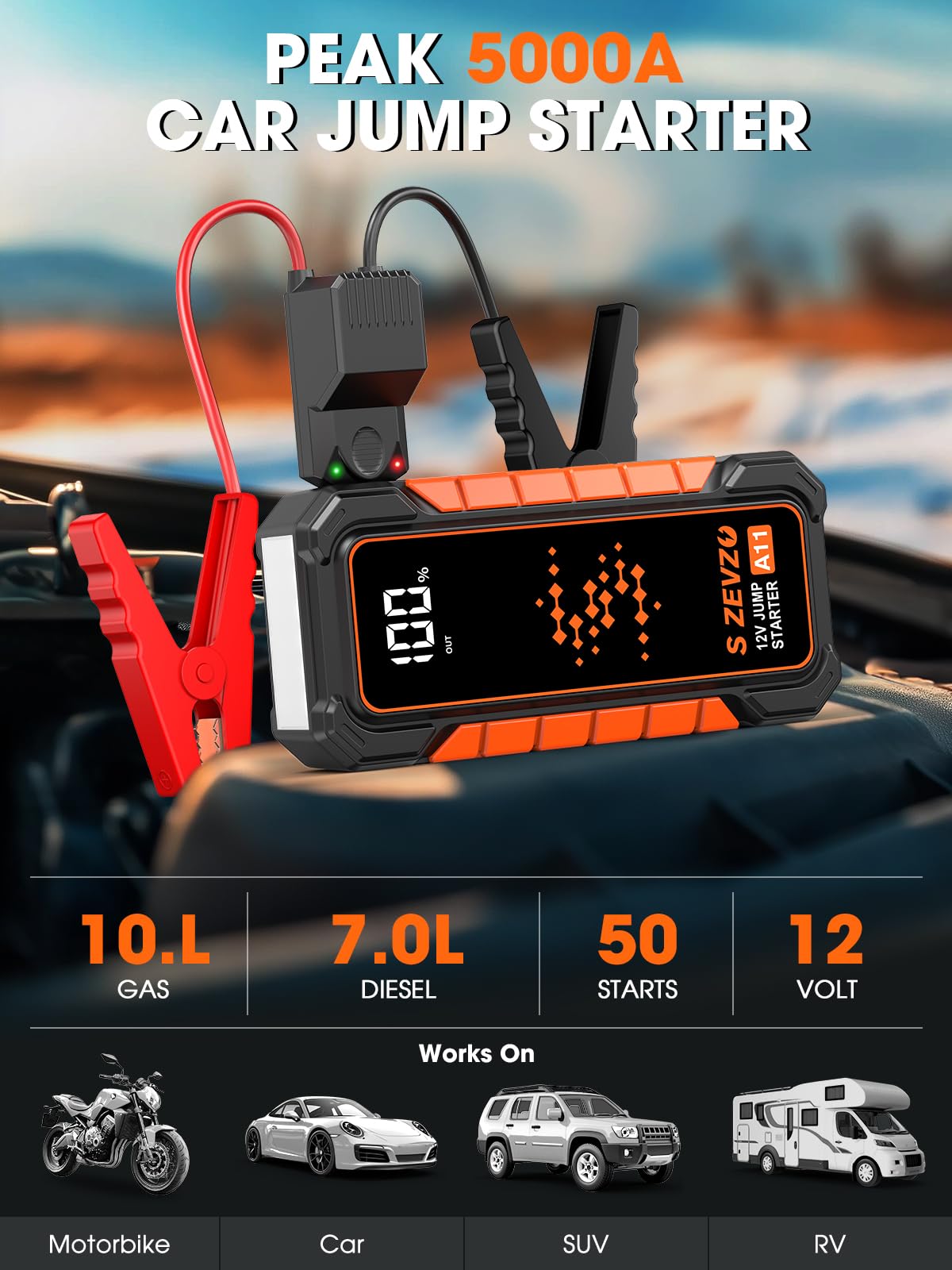 S ZEVZO A11 jump starter top display shows battery status at a glance.
