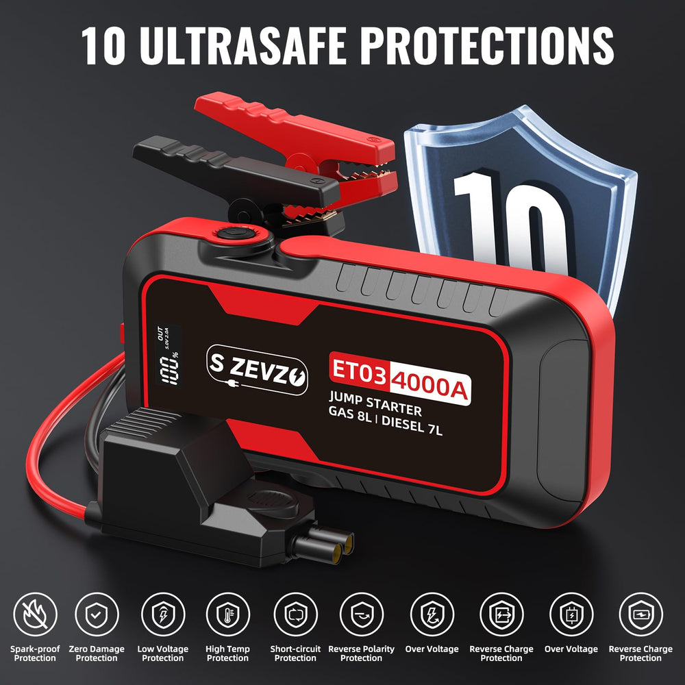 S ZEVZO ET03 jump starter 500-lumen LED light for nighttime use