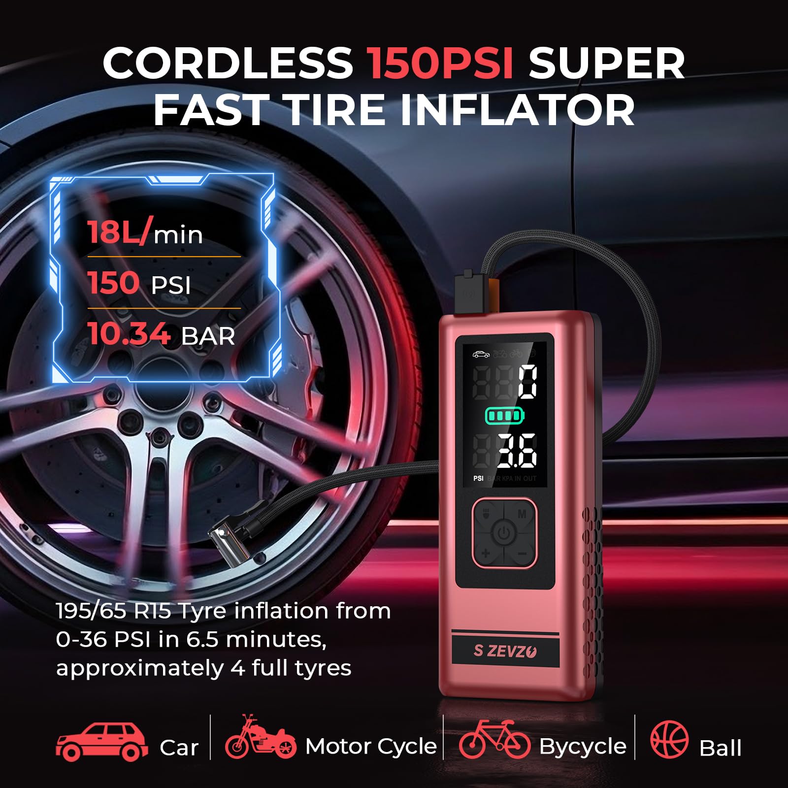 S ZEVZO M5 LCD display closeup highlights real-time battery and pressure readings