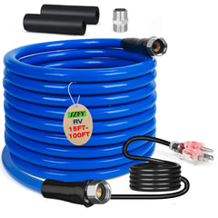 SZFY 100ft heated water hose coiled for RV use, ready to prevent freezing.