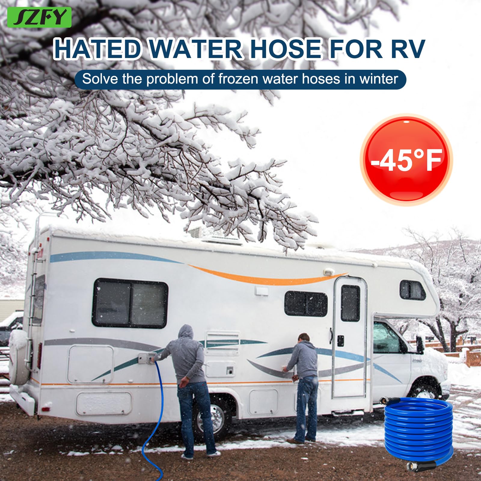 SZFY heated water hose with camper connector for easy cold-weather hookups.