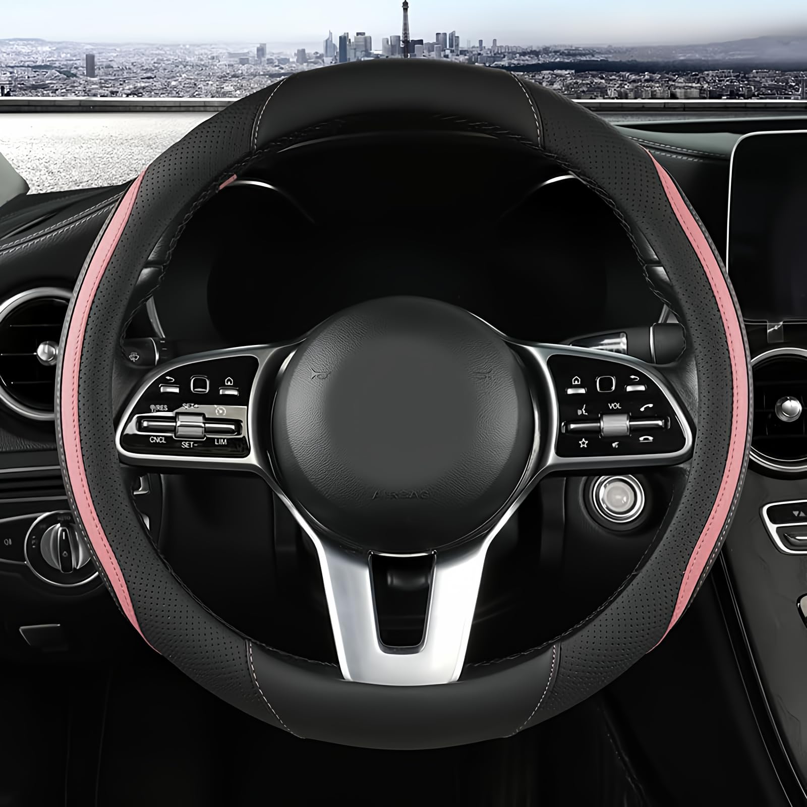 Szttswamp car steering-wheel cover in black and pink, full-view showing style and protection.