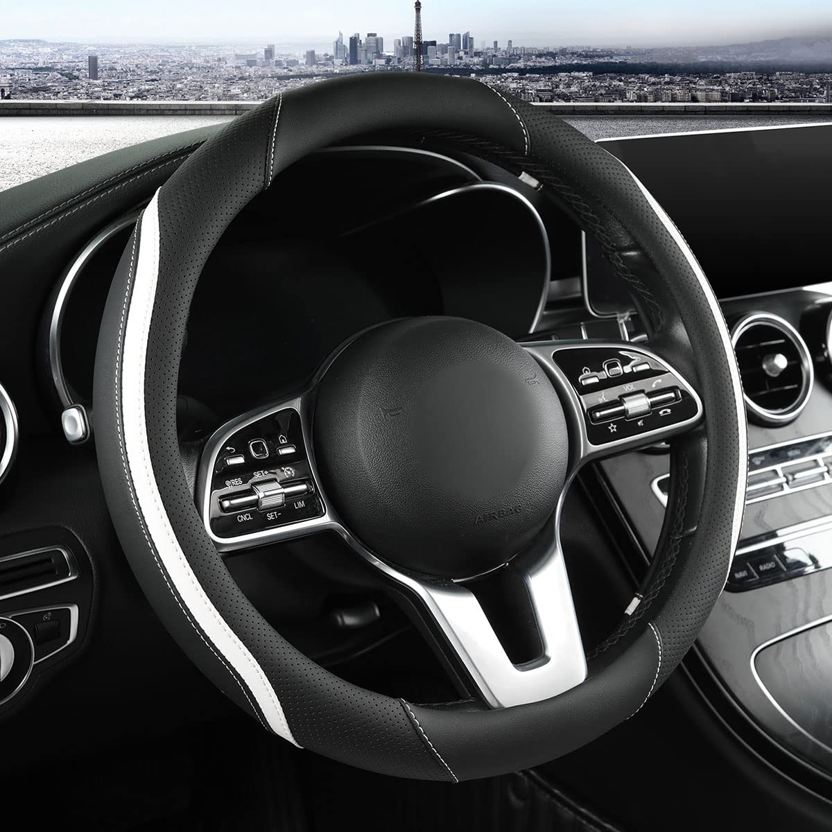 Szttswamp white steering wheel cover on wheel, comfortable grip