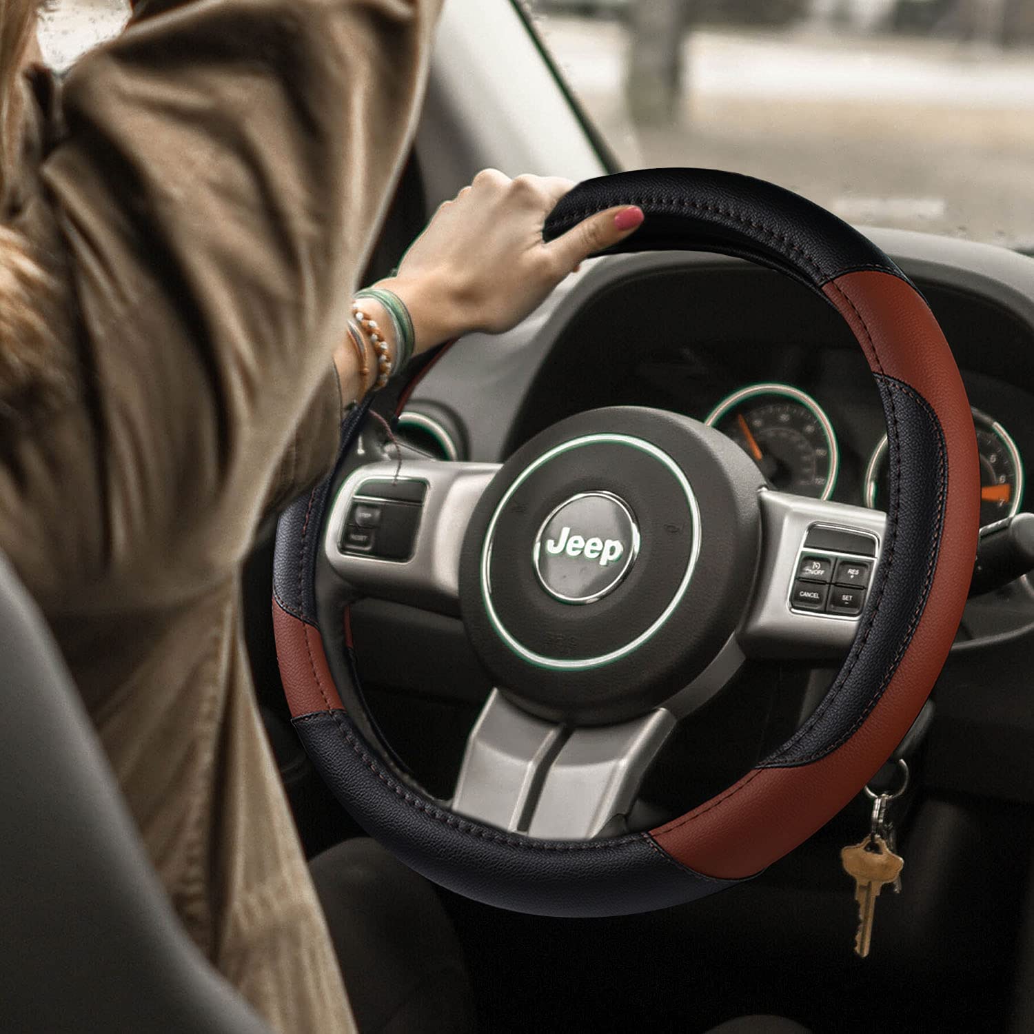 szttswamp leather steering wheel cover anti-slip design improves grip and control.