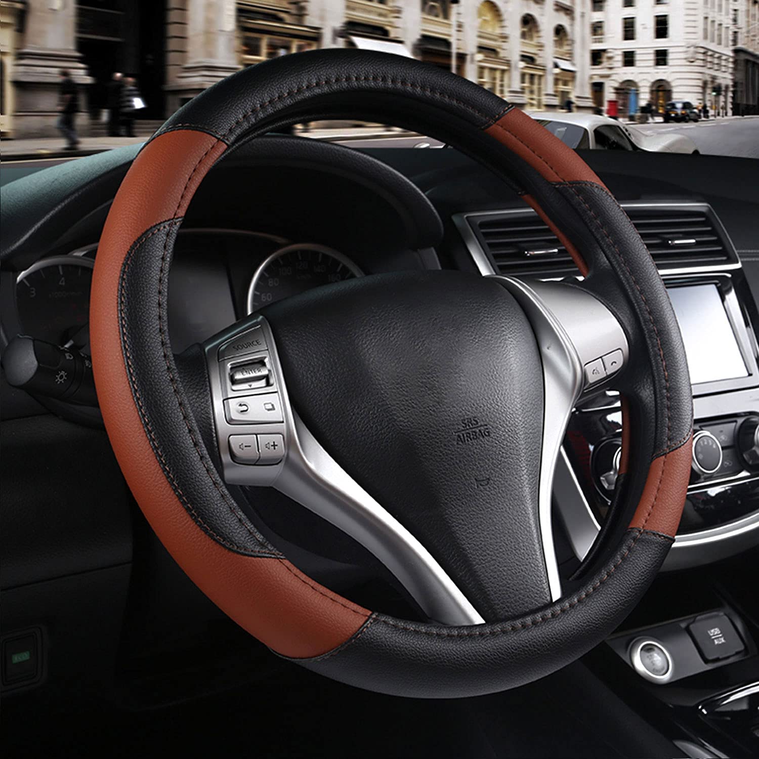 szttswamp leather steering wheel cover highlights durable material for long-lasting protection.