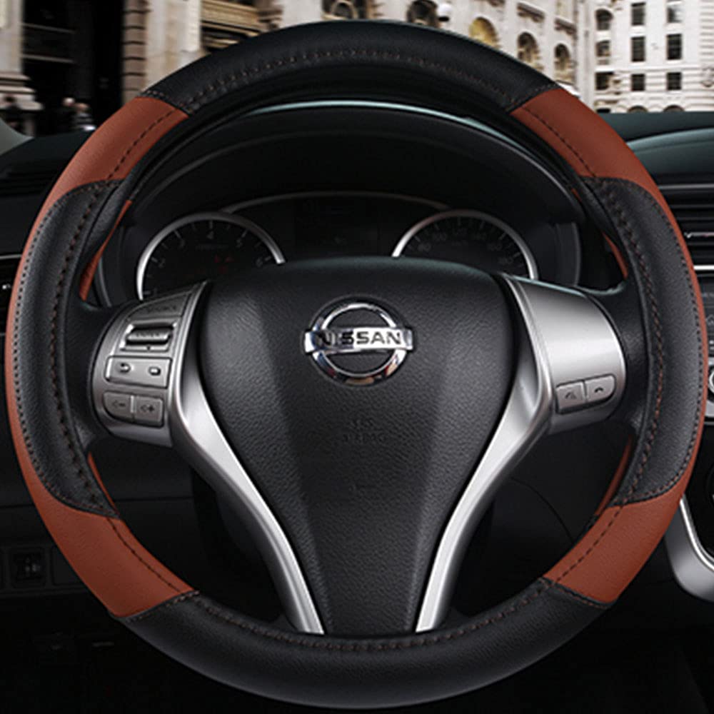szttswamp leather steering wheel cover shows glove-like fit for most standard wheels.