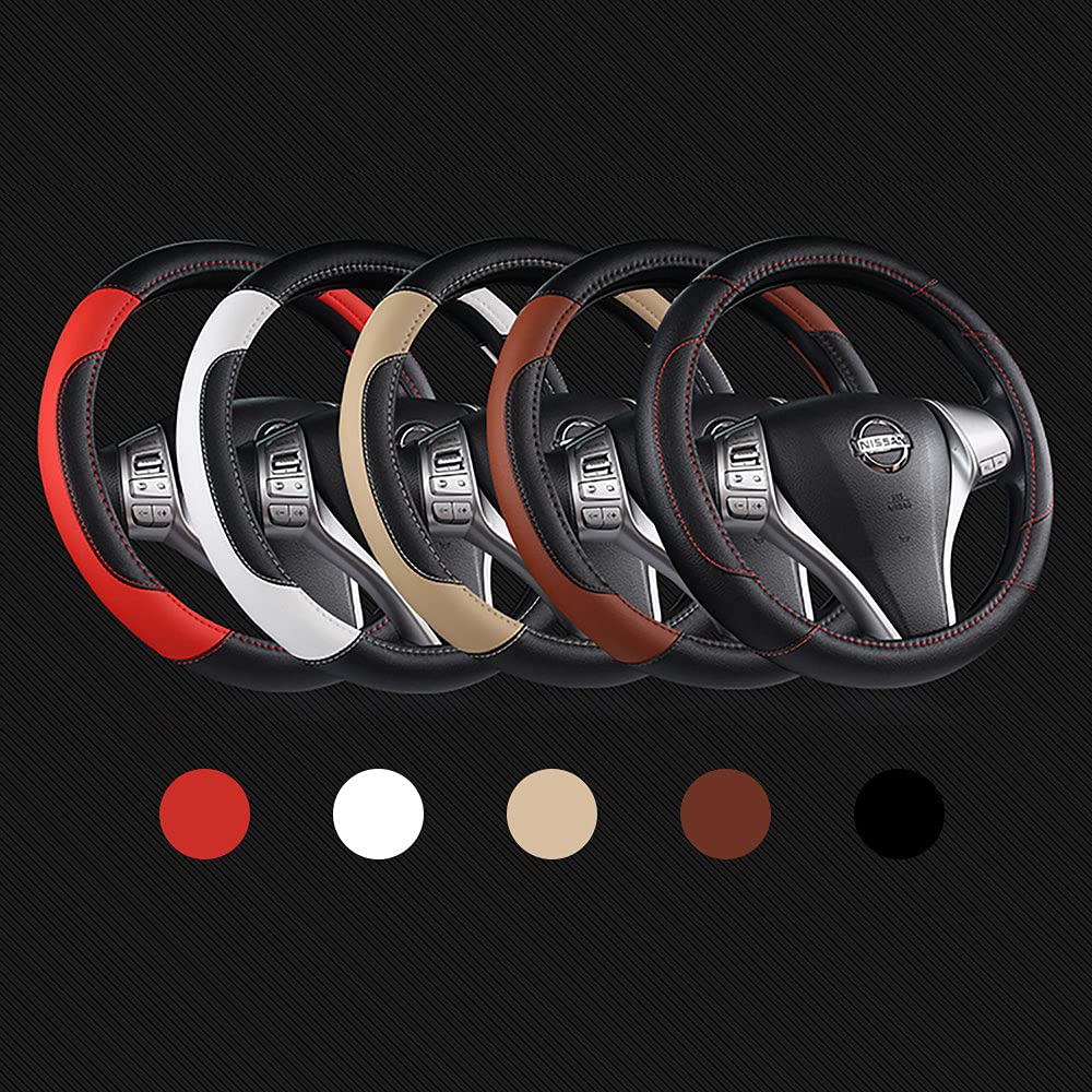 szttswamp leather steering wheel cover in car interior showing snug fit.