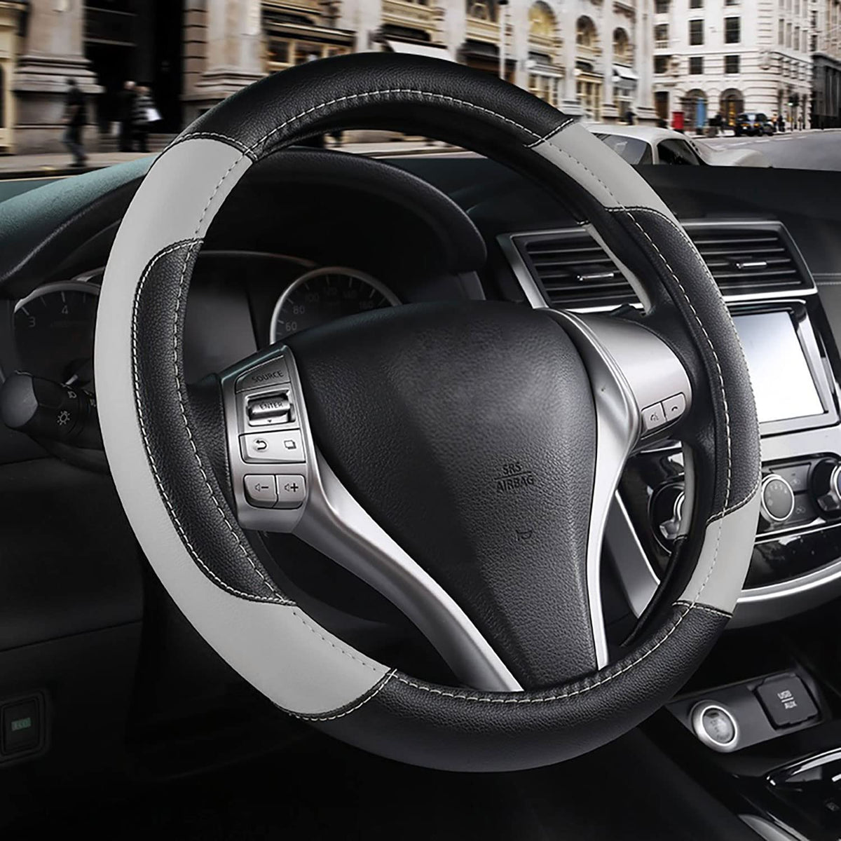 szttswamp leather steering wheel cover with non-slip grip for safer driving.