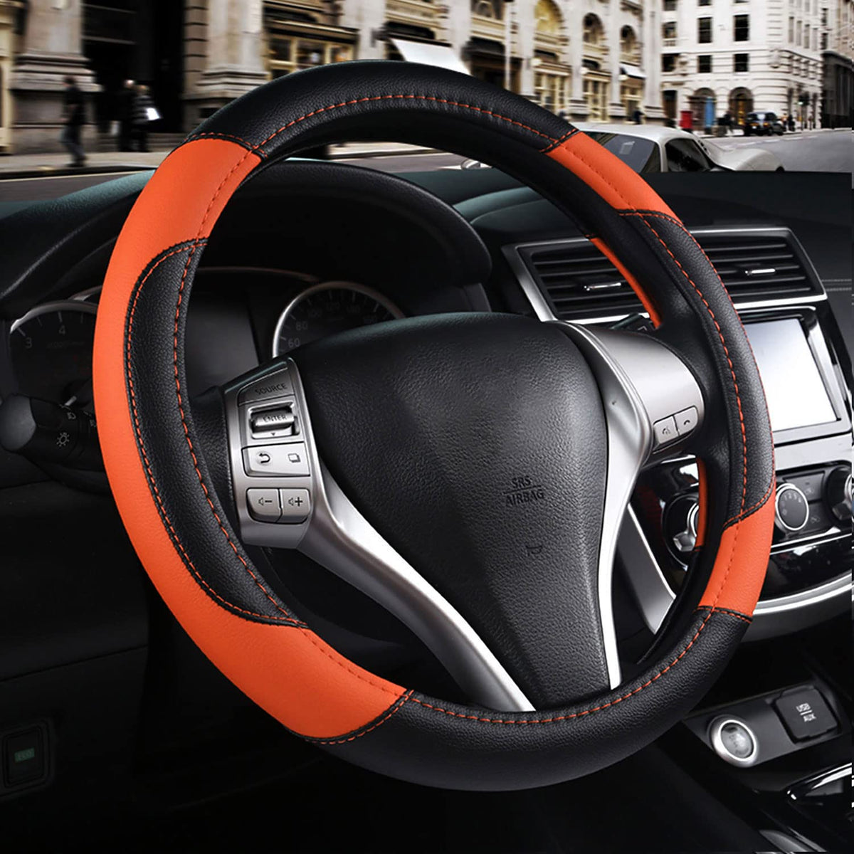 szttswamp leather steering wheel cover on car, non-slip grip for better control