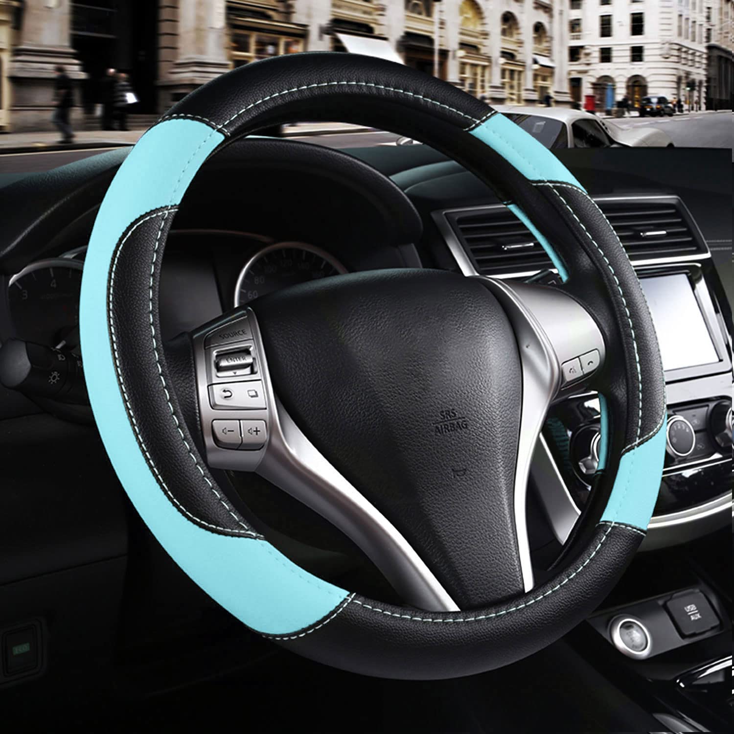 szttswamp leather steering wheel cover close-up non-slip texture improves grip